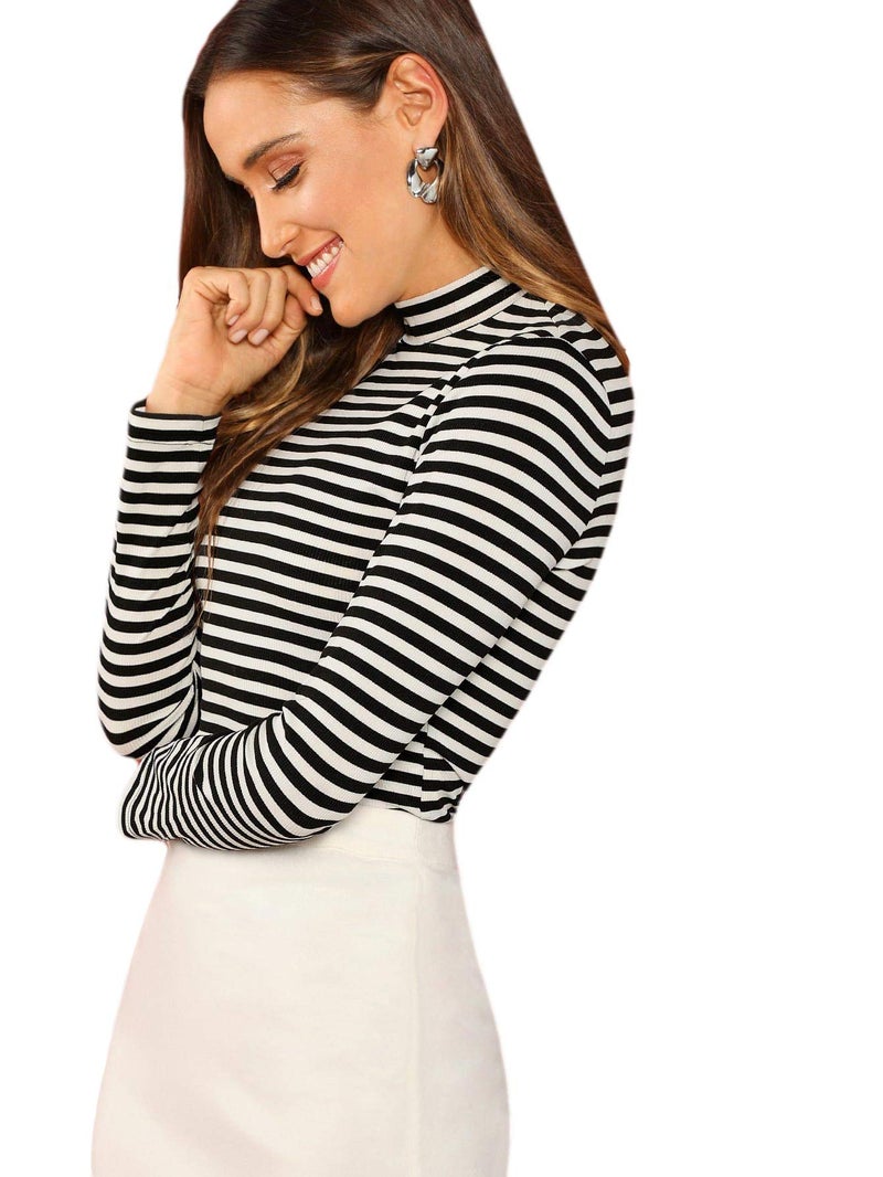 Floerns Women's High Neck Long Sleeve Slim Fit Stretch Striped T-Shirts Black and White, XS - Image 3